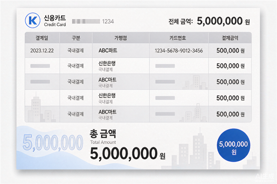 해외 가맹점 결제 항목과 해외 결제 수수료가 함께 표시된 카드 청구서 예시 일러스트